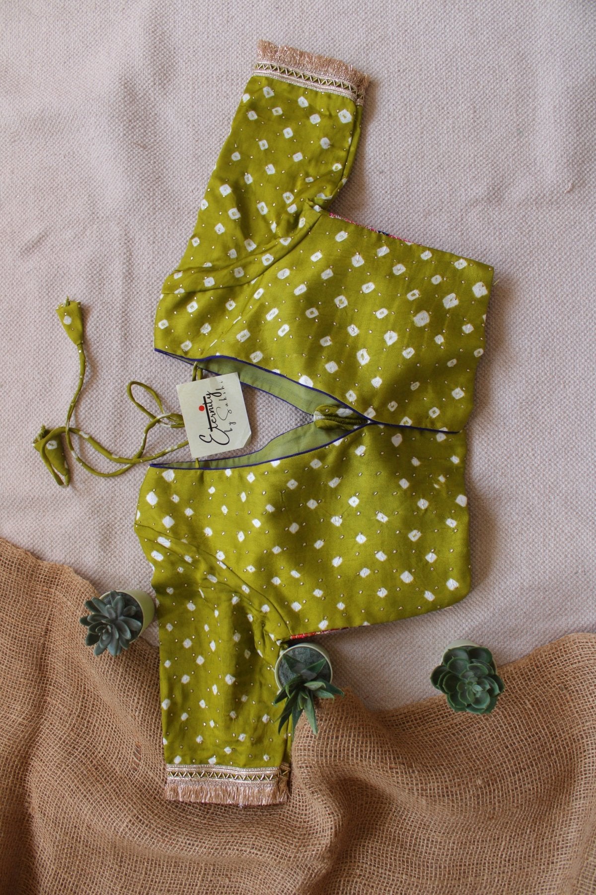 Green Bandhani Pink Patch Blouse - Eternity by Sakshi
