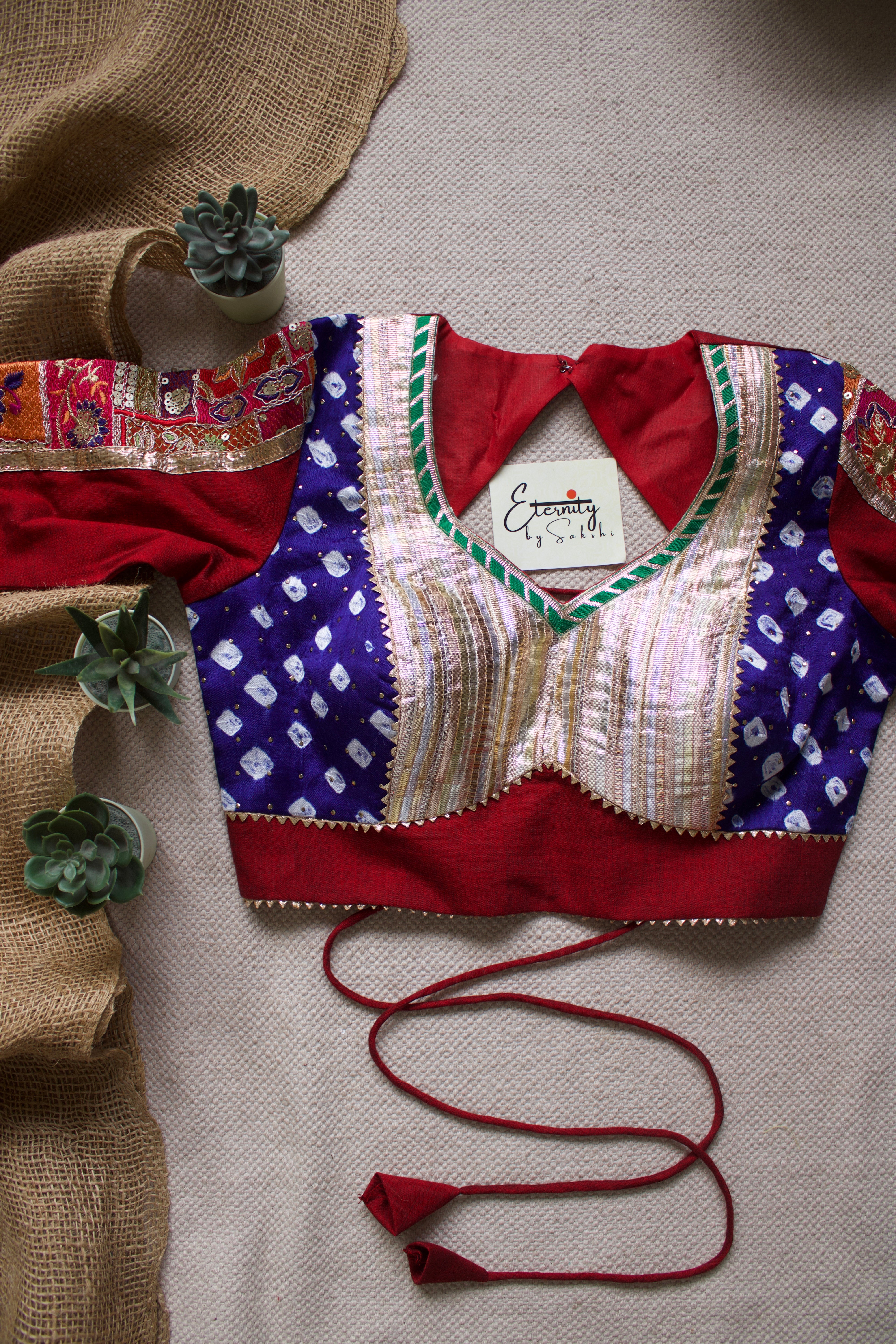 Gehraai Bandhani Multicolor Red Blue Patch Blouse