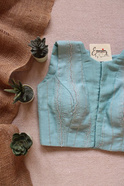 Pastel Aqua Chanderi Boatneck Blouse - Eternity by Sakshi