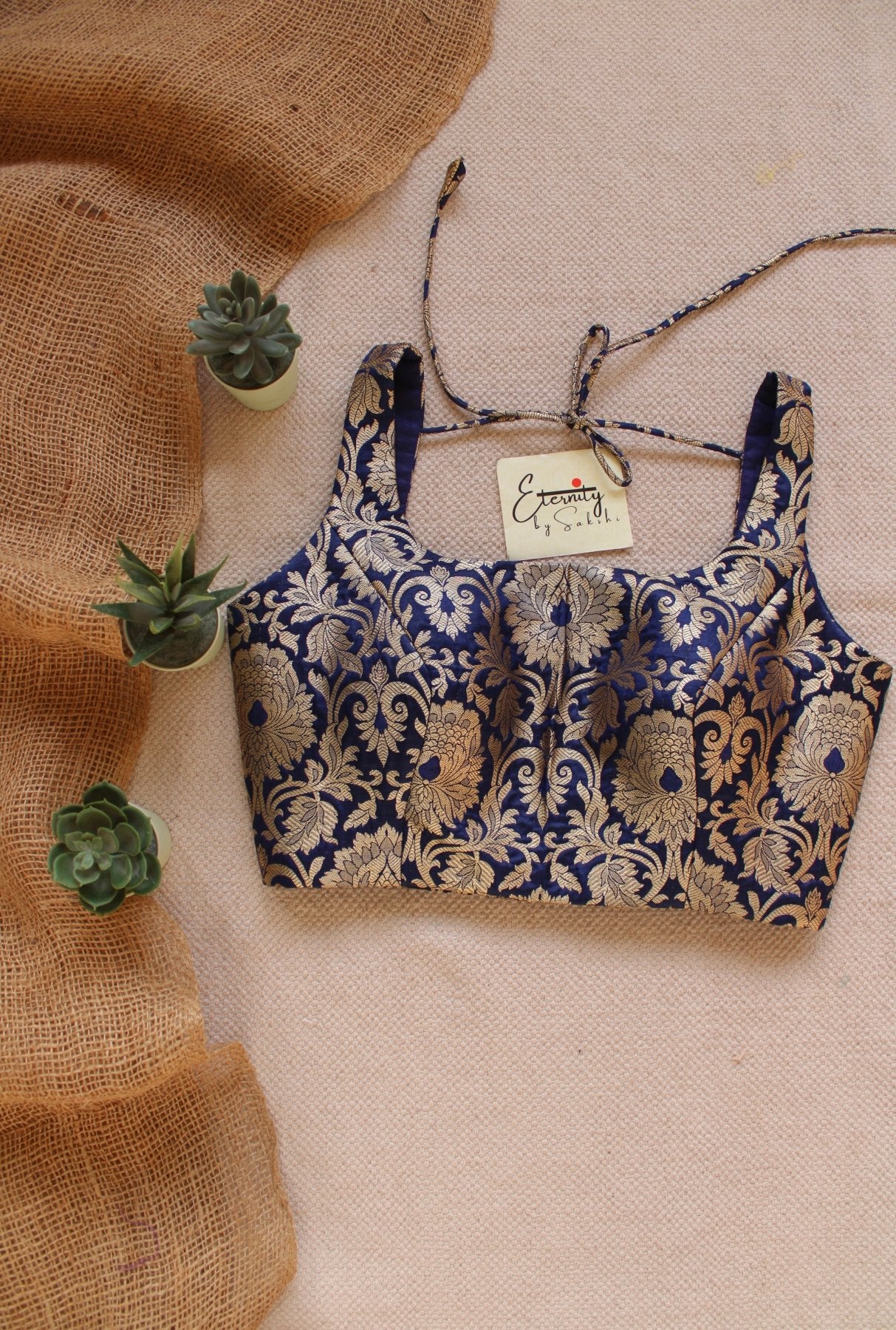 Rust Tissue Saree + Blue Brocade Elastic Noorie Blouse Combo - Eternity by Sakshi