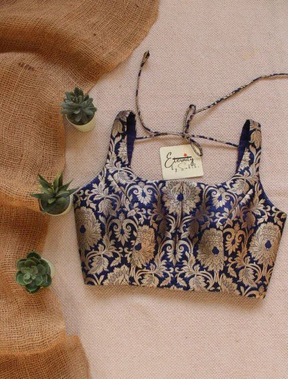 Blue Brocade Elastic Noorie Blouse - Eternity by Sakshi