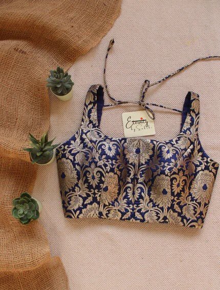 Blue Brocade Elastic Noorie Blouse - Eternity by Sakshi