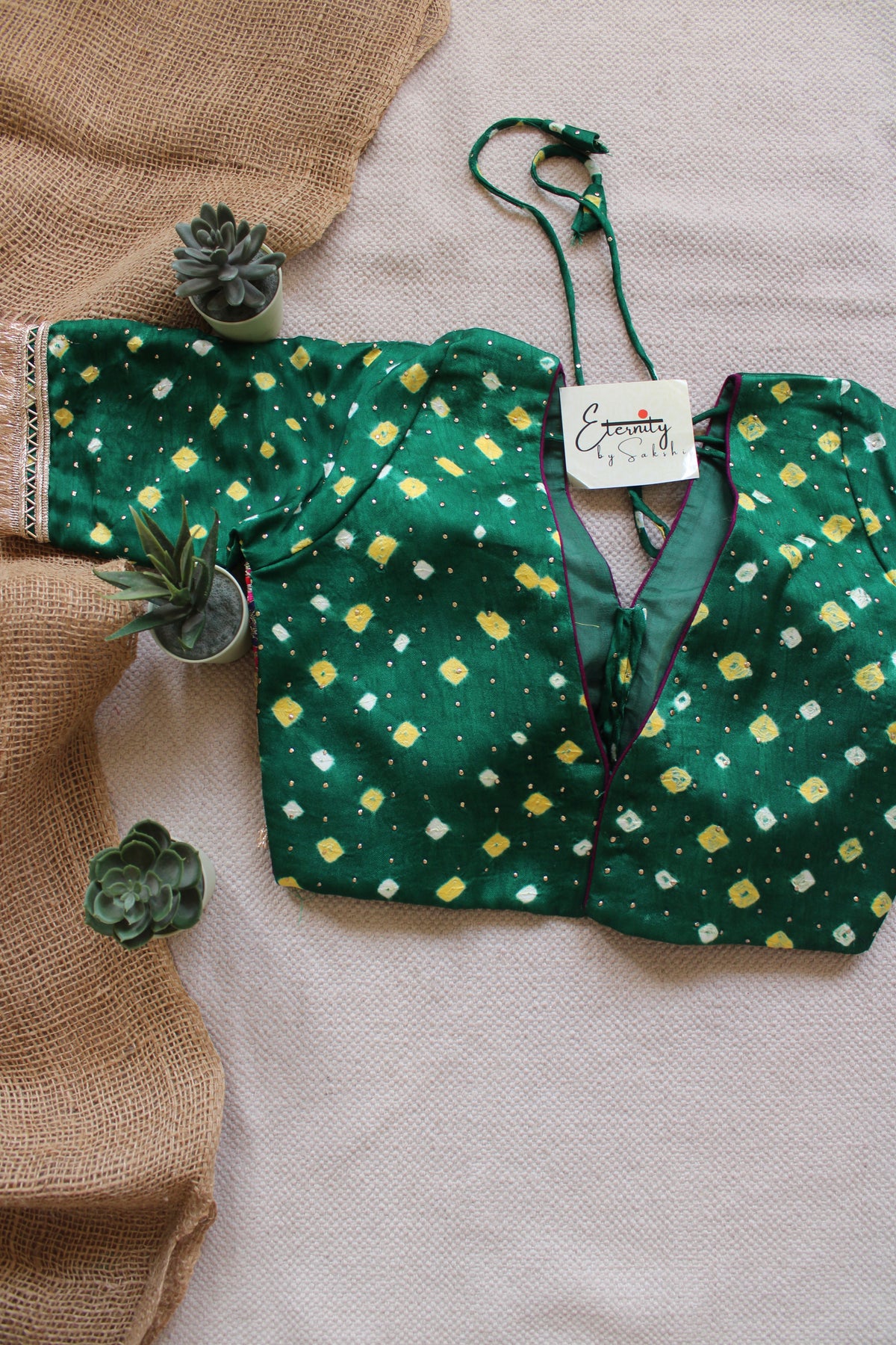 Dark Green Bandhani Pink Patch Blouse