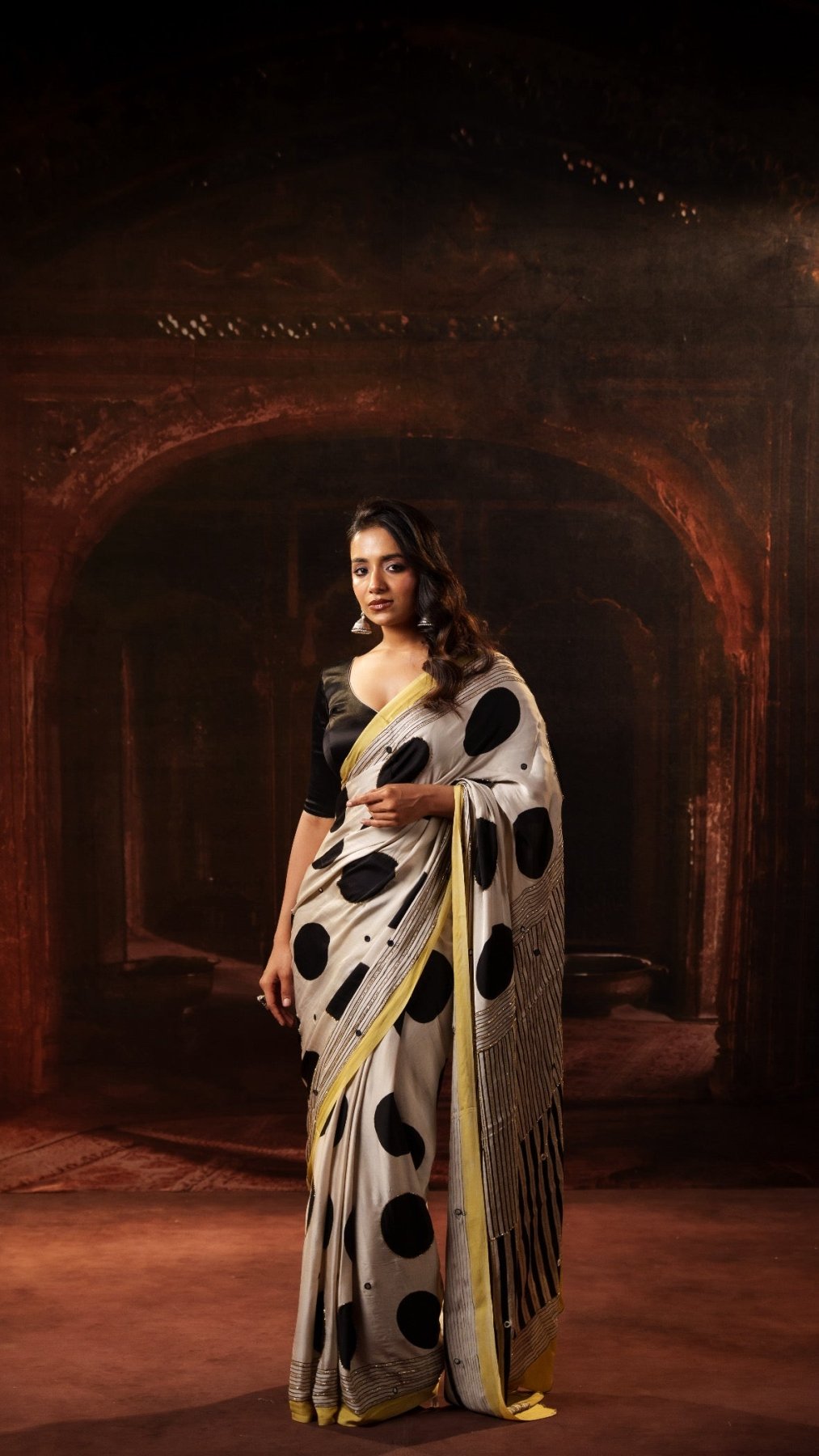 Off-White Ajrakh Polka Modal Silk Saree with Artisan Handwork + Heer Black Blackless Blouse Combo