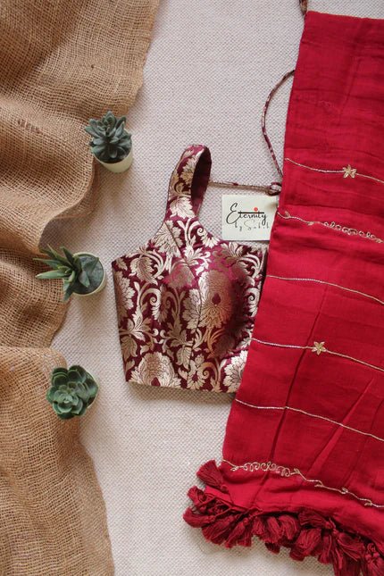 Maroon Noor Saree + Maroon Brocade Elastic Noorie Blouse Combo - Eternity by Sakshi