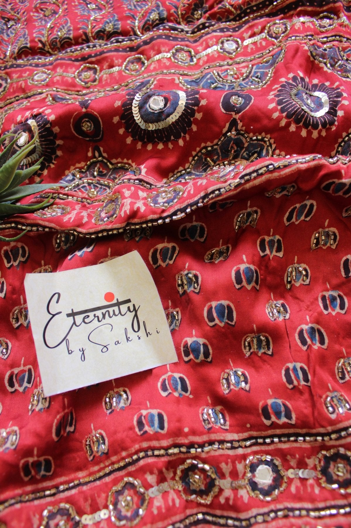 Crimson Noor Ajrakh Modal Silk Saree with Artisan Handwork - Eternity by Sakshi