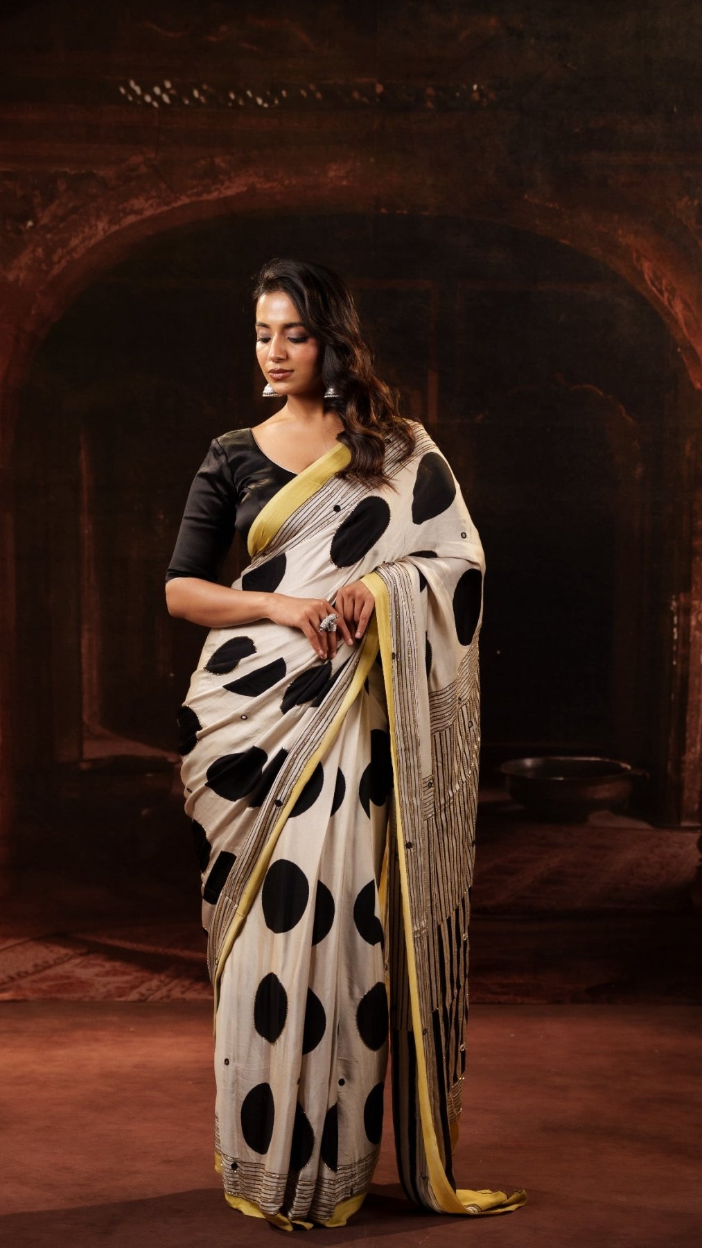 Off-White Ajrakh Polka Modal Silk Saree with Artisan Handwork + Heer Black Blackless Blouse Combo
