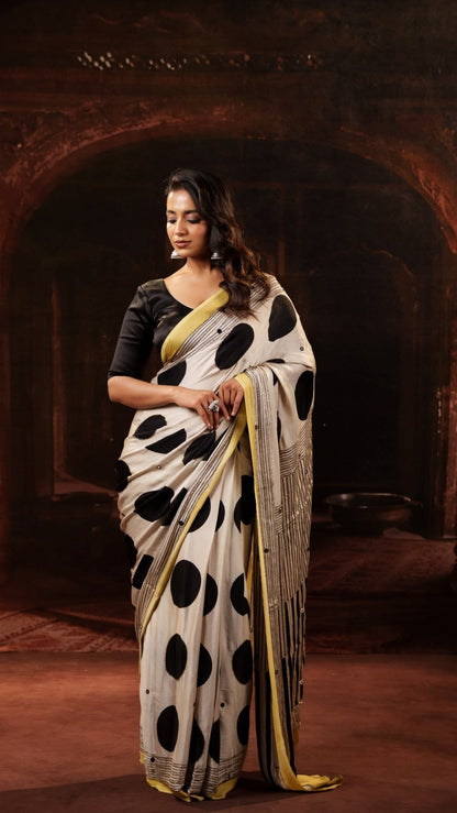 Off-White Ajrakh Polka Modal Silk Saree with Artisan Handwork + Heer Black Blackless Blouse Combo