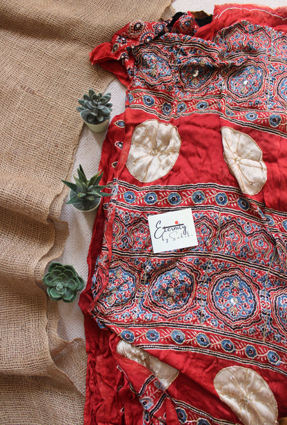 Pale Yellow Bandhani Ajrakh Silk Handwork Saree