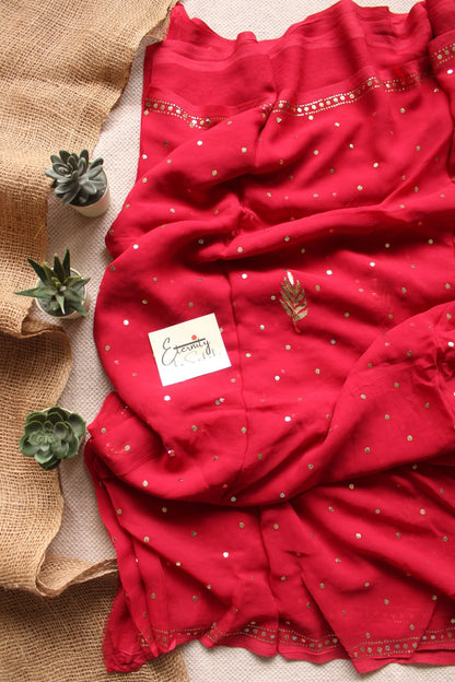 Rose Red Kamdani Mukesh Handwork Saree - Eternity by Sakshi