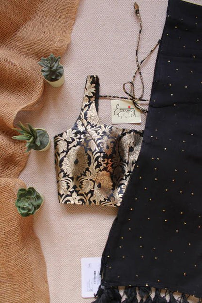 Black Tara Saree + Black Brocade Elastic Noorie Blouse Combo - Eternity by Sakshi