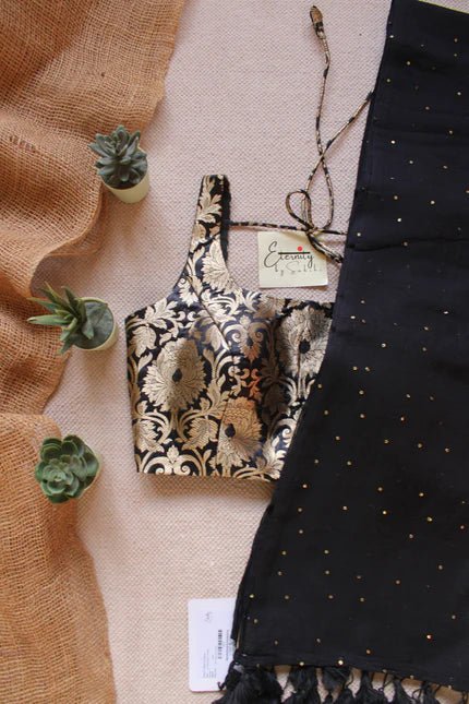 Black Tara Saree + Black Brocade Elastic Noorie Blouse Combo - Eternity by Sakshi