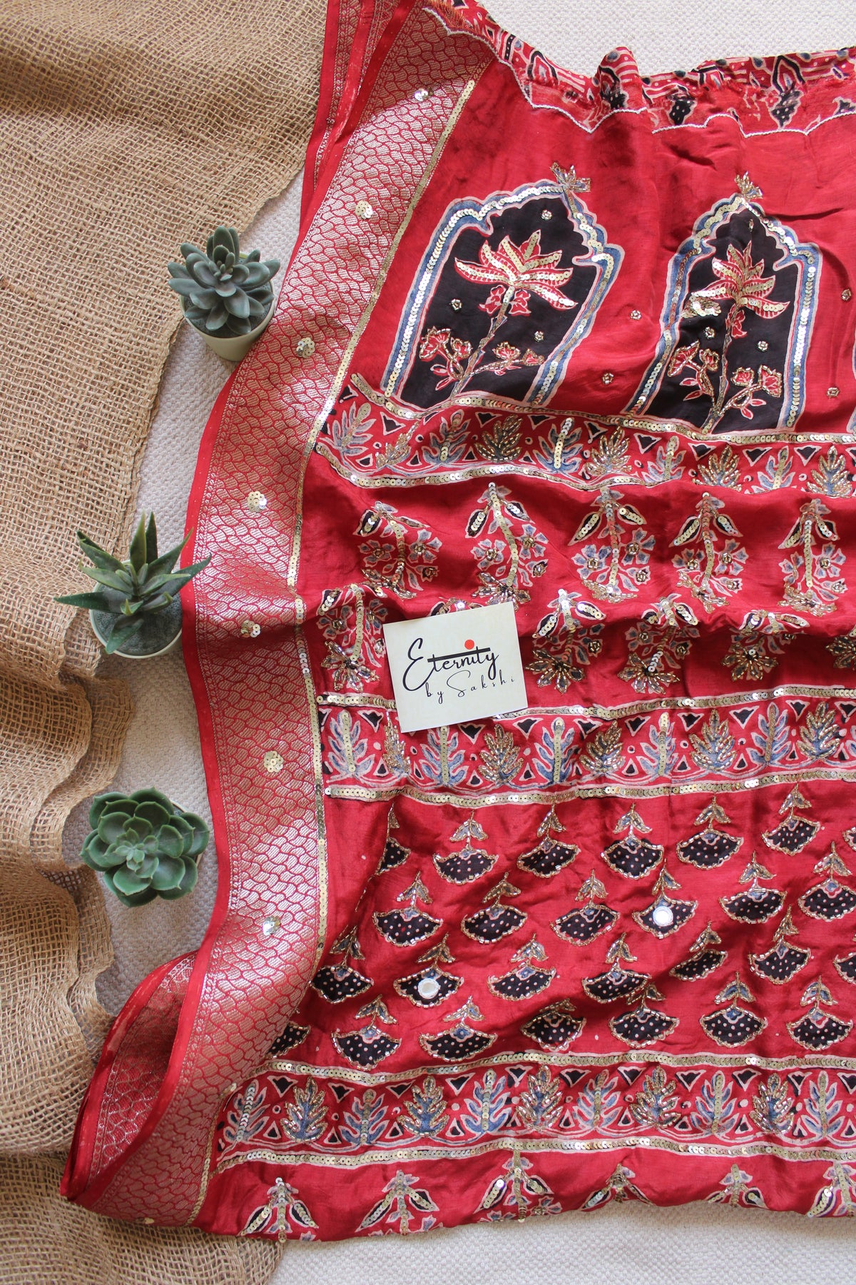 Laal Maharani Ajrakh Dola Silk Handwork Saree