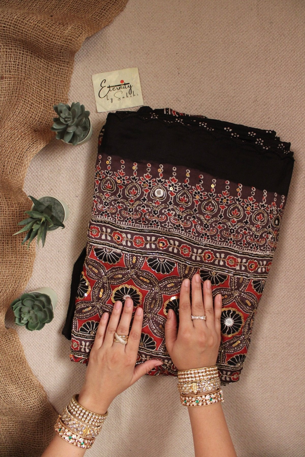 Kashmiri Raat Ajrakh Modal Silk Saree with Artisan Handwork - Eternity by Sakshi