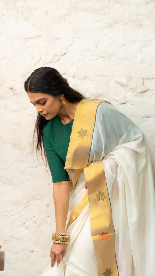 Golden Dusk Handloom Cotton Tissue Silk Saree for Onam | Metallic Weave - Eternity by Sakshi