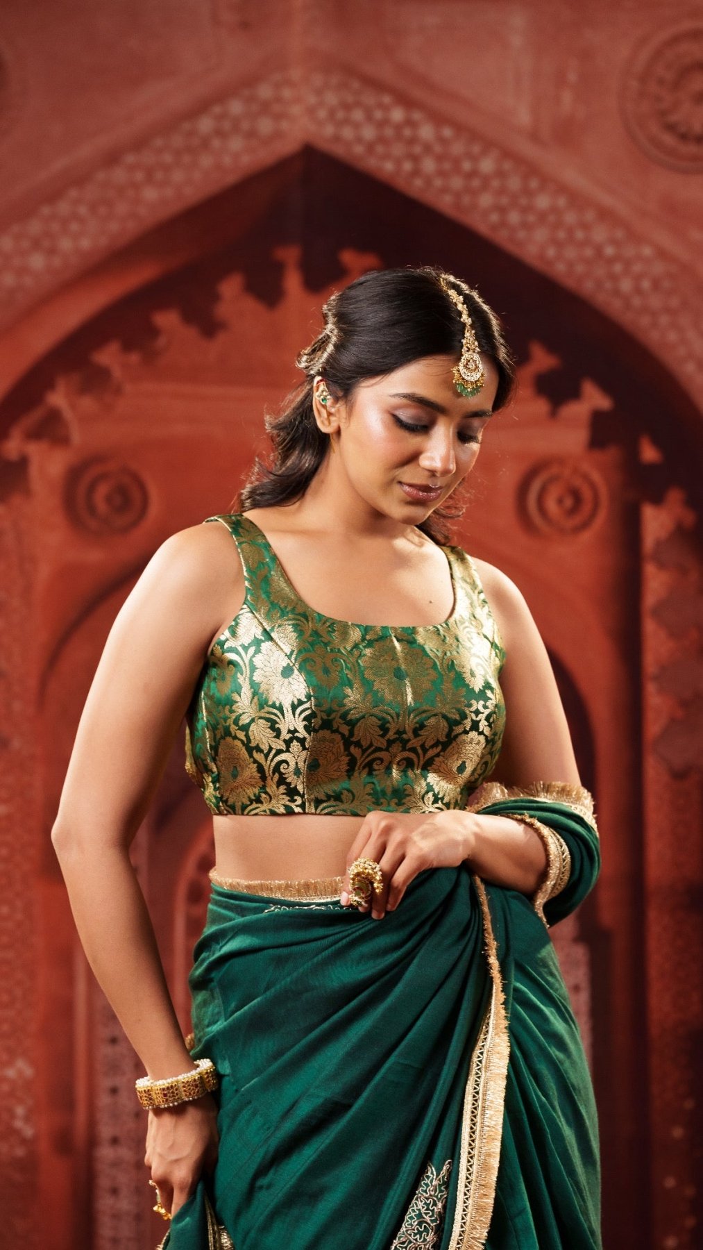 Green Brocade Elastic Noorie Blouse - Eternity by Sakshi