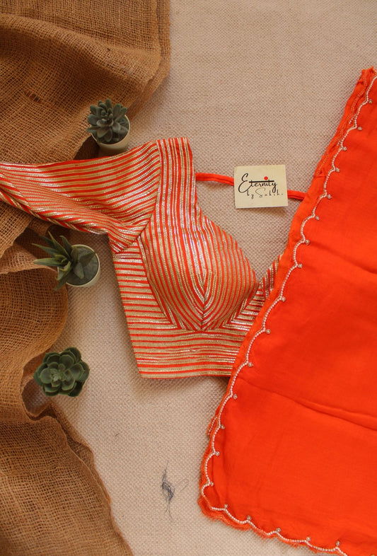 Orange Pearl Saree + Orange Chakori Blouse Combo - Eternity by Sakshi