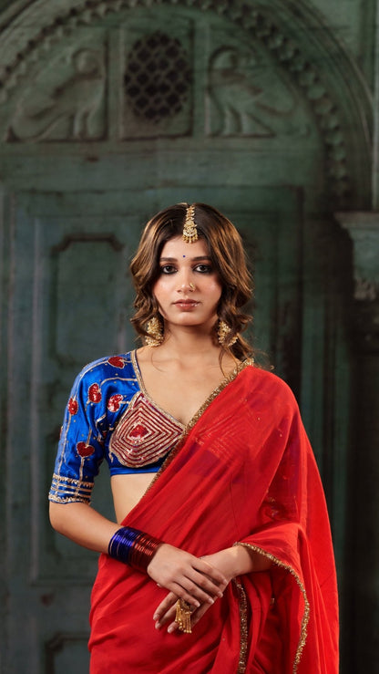 Red Gulbahar Saree + Noor-e-Neel Patch Aangi Blouse Combo