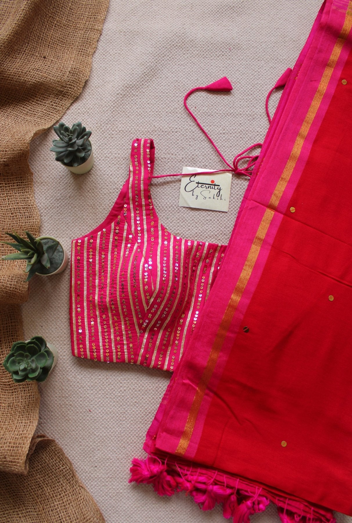 Red Varnika Saree + Pink Sitara Noorie Blouse Combo - Eternity by Sakshi