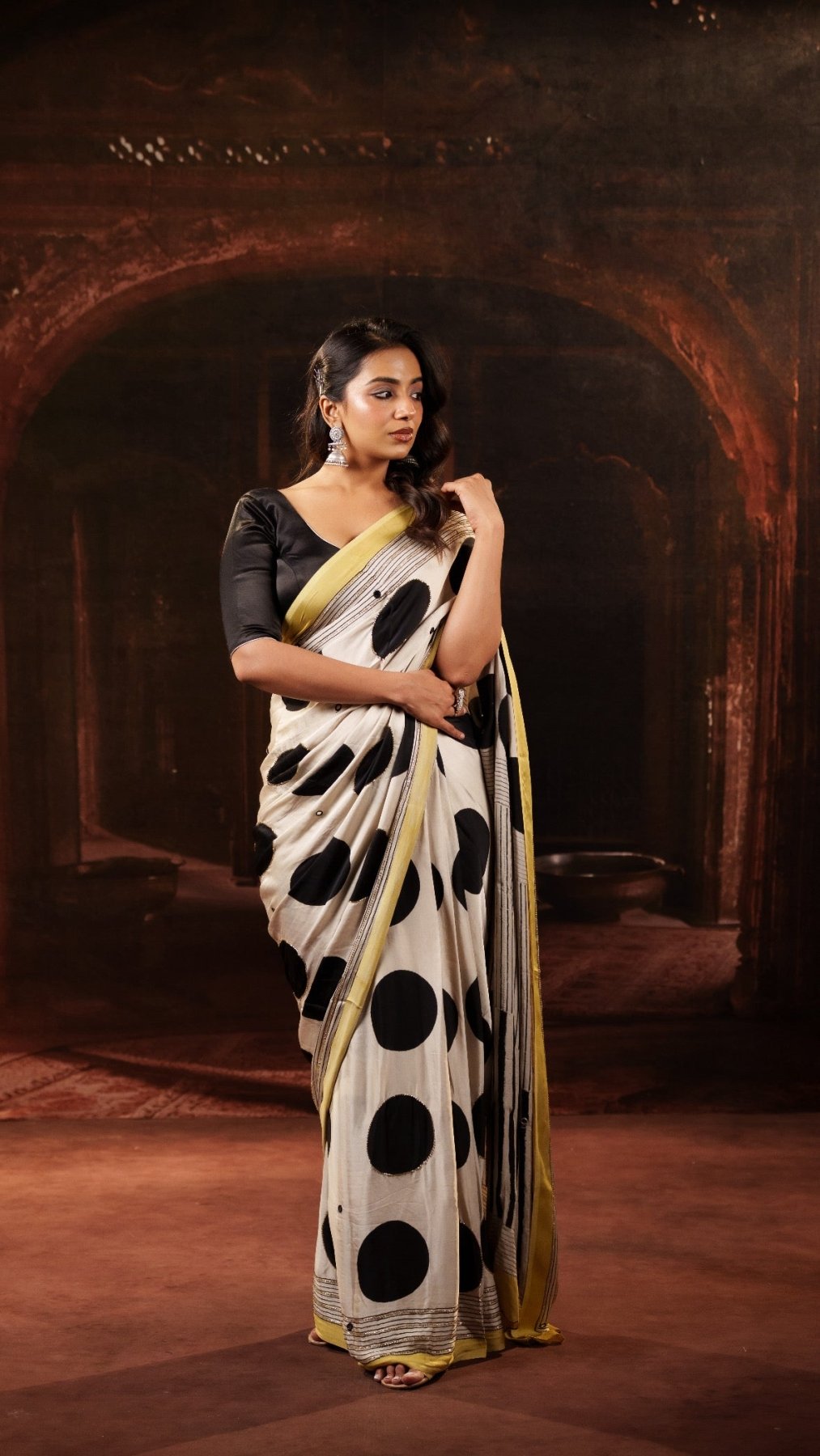 Off-White Ajrakh Polka Modal Silk Saree with Artisan Handwork + Heer Black Blackless Blouse Combo