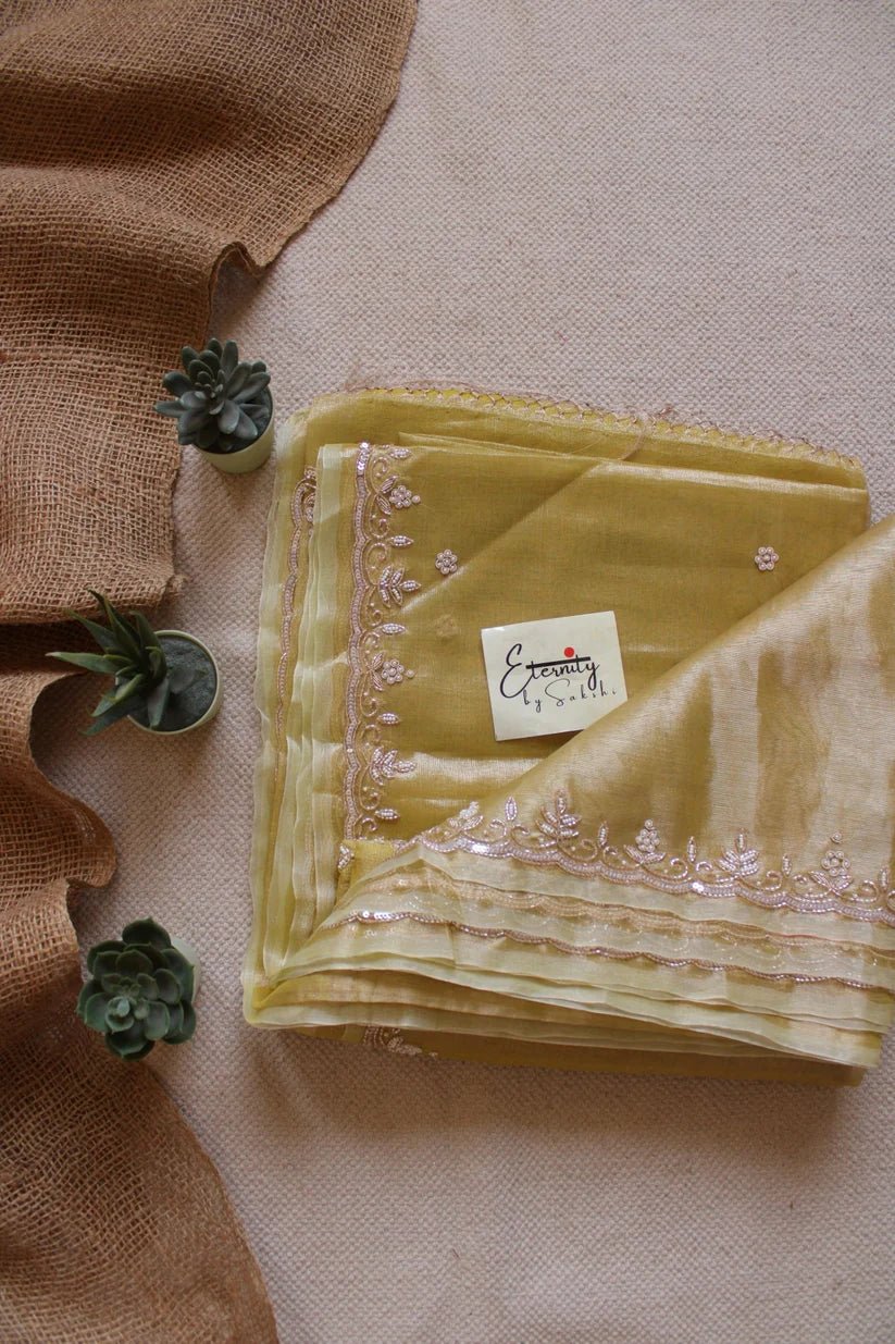 Yellow Handwork Raaz Saree + Beige Metallic Single Zip Mood Blouse Combo - Eternity by Sakshi