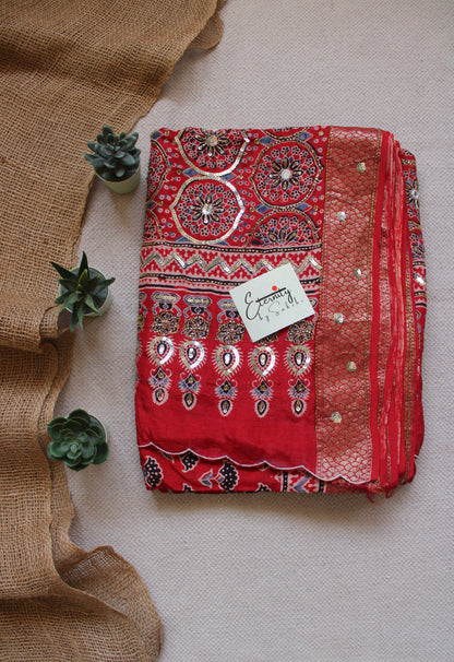Brick Red Maharani Ajrakh Dola Silk Handwork Saree
