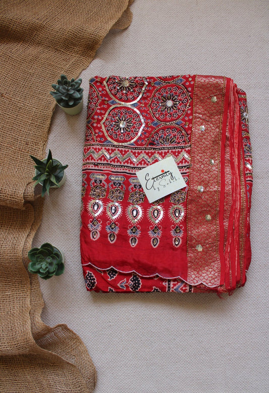 Brick Red Maharani Ajrakh Dola Silk Handwork Saree - Eternity by Sakshi