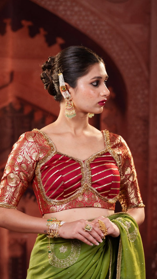 Red Noor Navratri Banarasi Brocade Blouse | Padded, Back Hook - Eternity by Sakshi