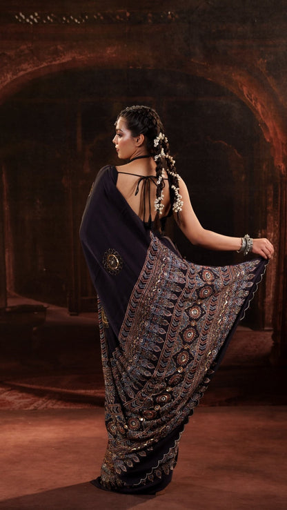 Zariya Blue Ajrakh Modal Silk Saree with Artisan Handwork - Eternity by Sakshi