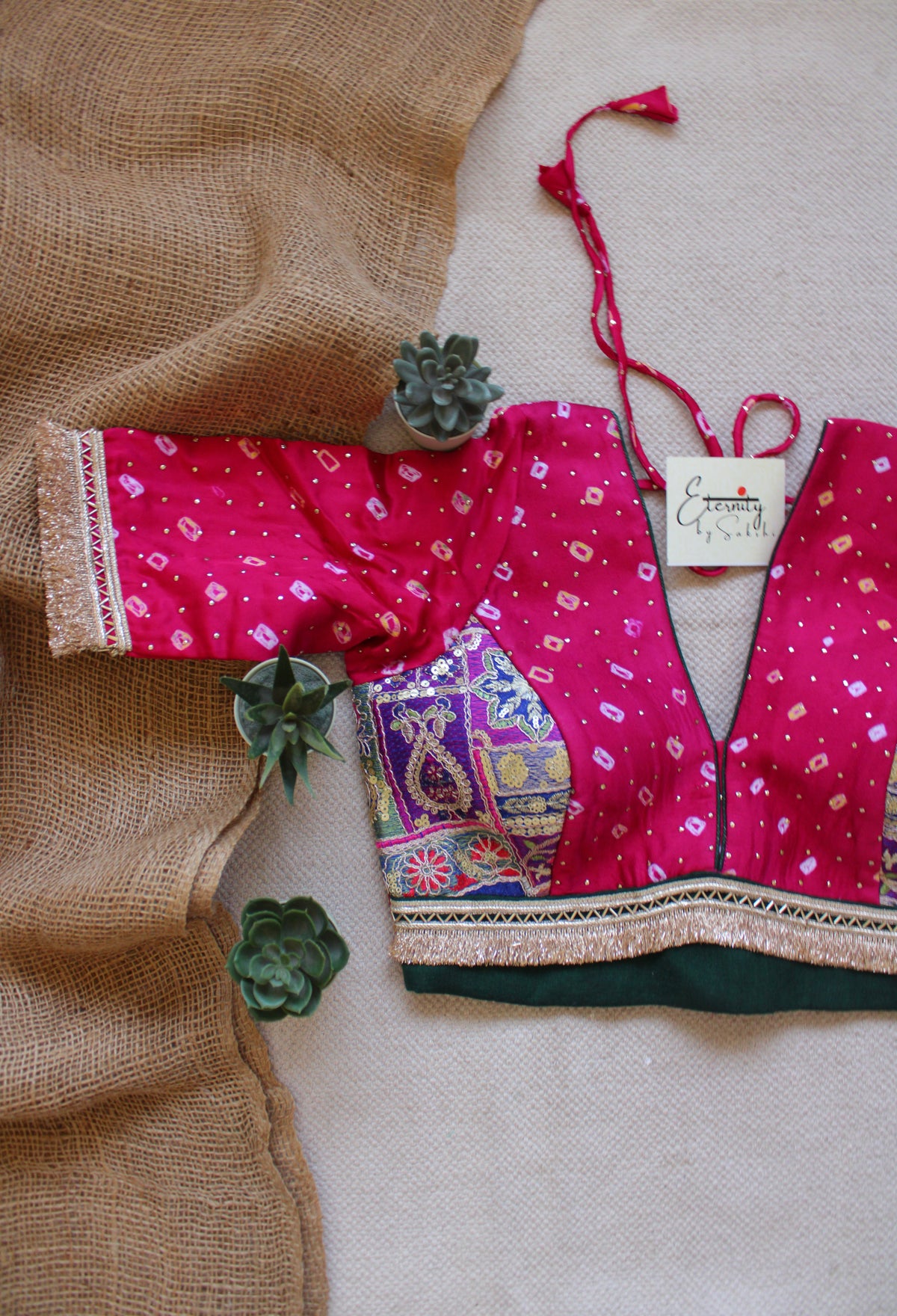 Pink Bandhani Blue Patch Blouse