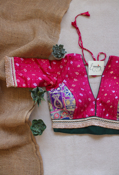 Pink Bandhani Blue Patch Blouse