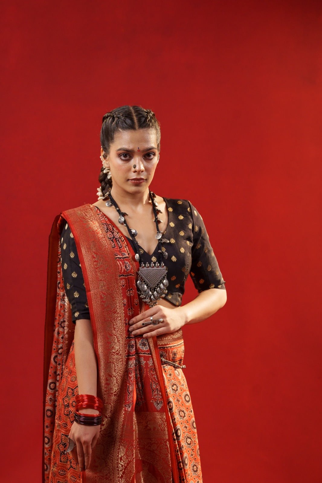 Rajvanshi Ajrakh Dola Silk Saree + Royal Ember Shadow Blouse Combo - Eternity by Sakshi