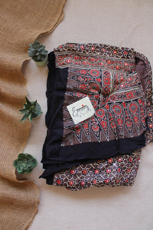 Black Ajrakh Silk Handwork Saree - Eternity by Sakshi