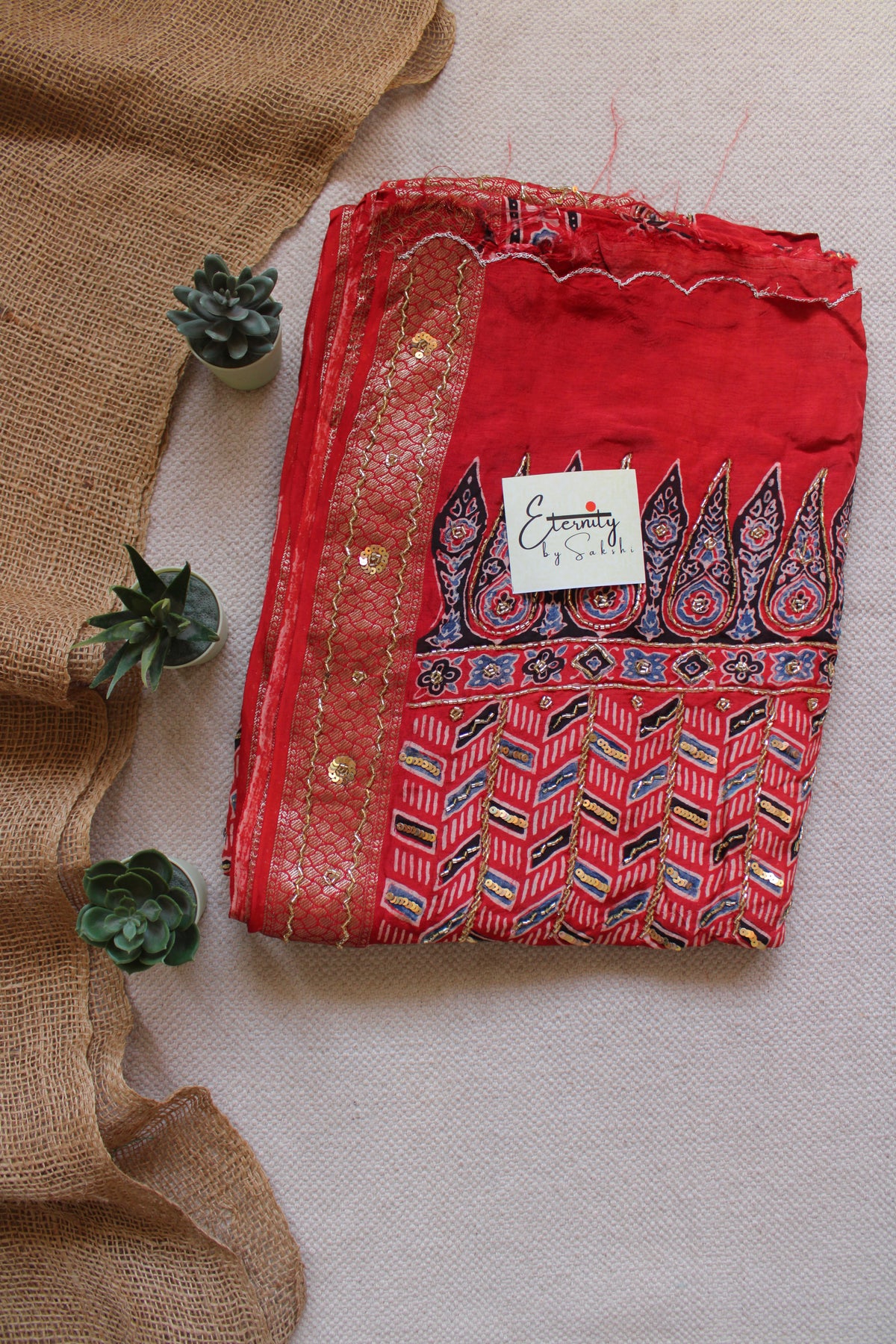 Ruby Maharani Ajrakh Dola Silk Handwork Saree
