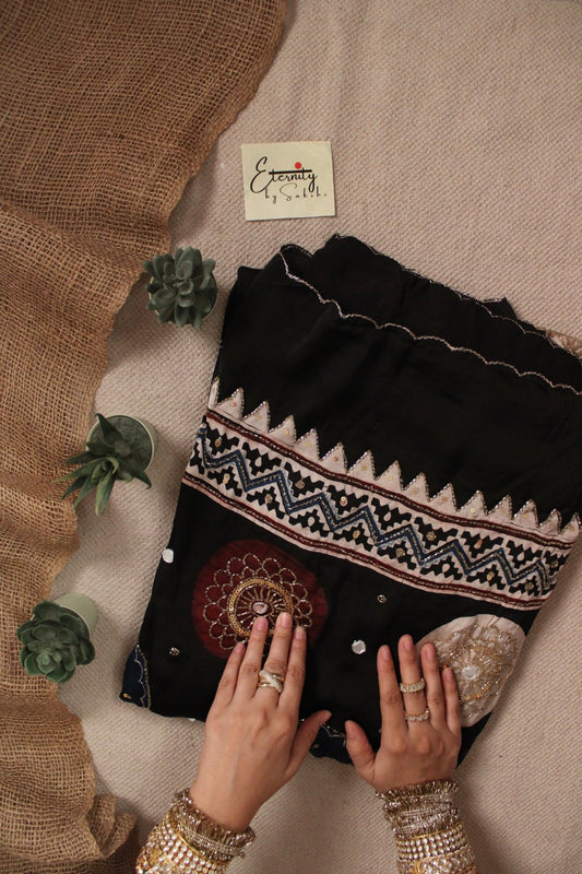 Chaandbaali Ajrakh Modal Silk Saree with Artisan Handwork - Eternity by Sakshi