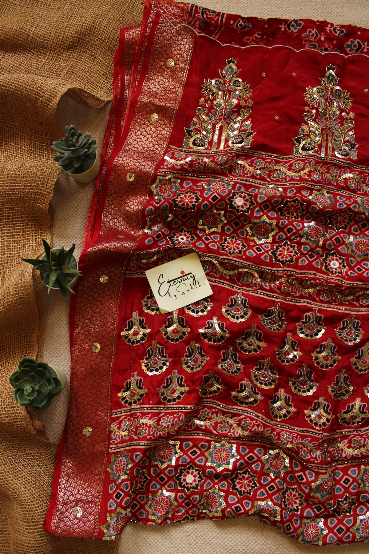 Red Maharani Ajrakh Dola Silk Handwork Saree