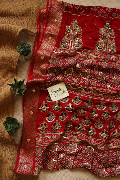 Red Maharani Ajrakh Dola Silk Handwork Saree
