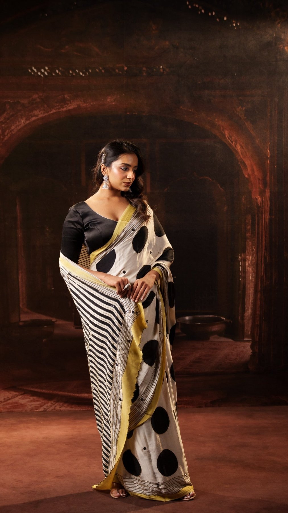 Off-White Ajrakh Polka Modal Silk Saree with Artisan Handwork + Heer Black Blackless Blouse Combo