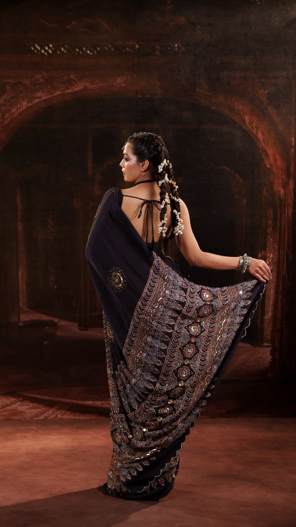 Zariya Blue Ajrakh Modal Silk Saree with Artisan Handwork - Eternity by Sakshi