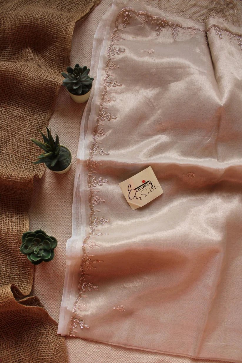 Pearl Handwork Raaz Saree + Beige Metallic Single Zip Mood Blouse Combo - Eternity by Sakshi