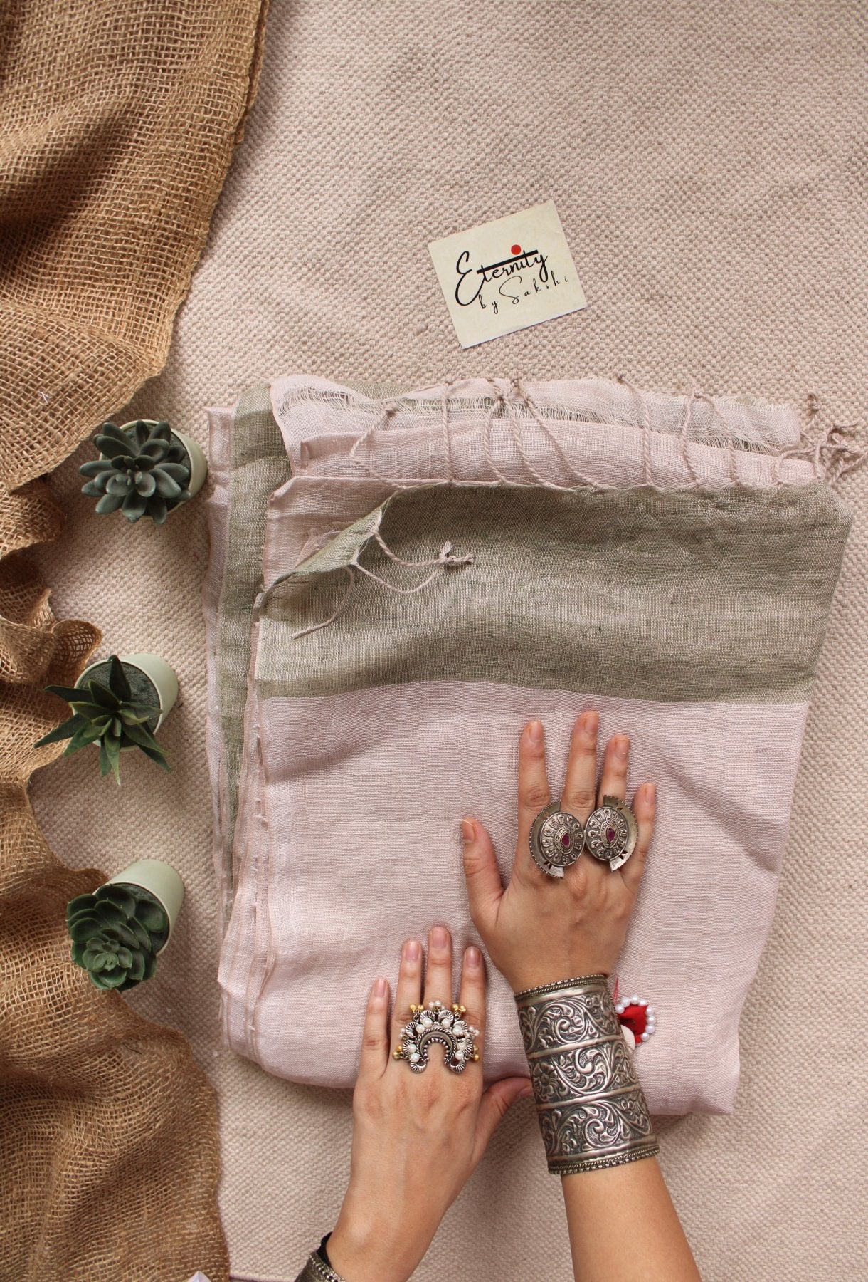 Pink and Grey Linen Saree - Eternity by Sakshi