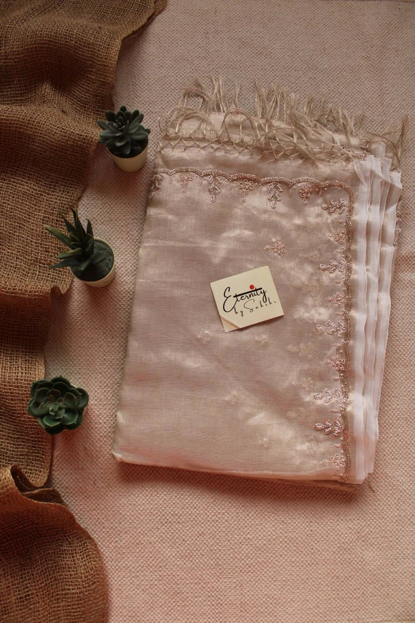 Pearl Handwork Raaz Saree + Beige Metallic Single Zip Mood Blouse Combo - Eternity by Sakshi