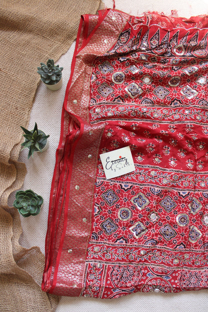 Laal Ishq Maharani Ajrakh Dola Silk Handwork Saree