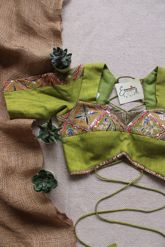Parrot Green Navratri Patch Blouse - Eternity by Sakshi