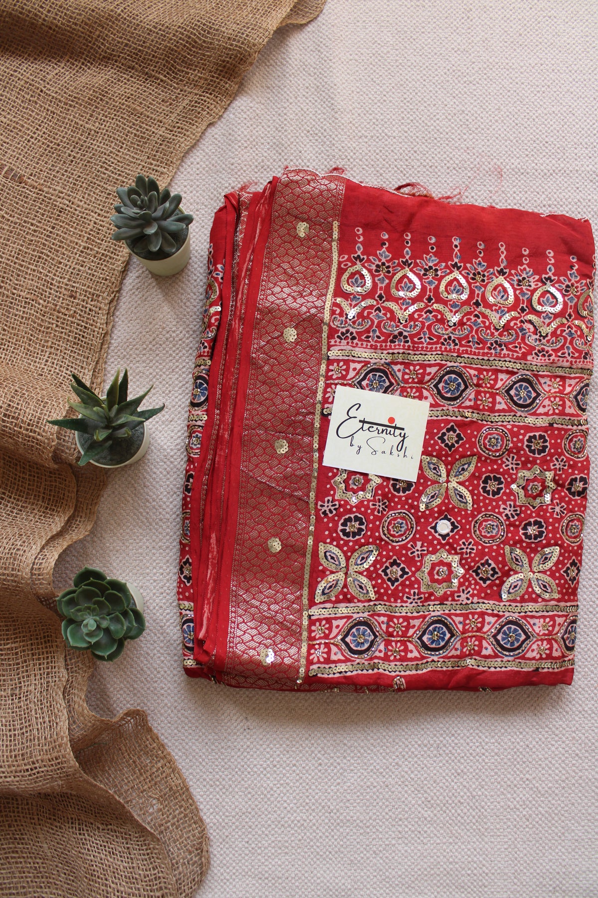 Red Noor Maharani Ajrakh Dola Silk Handwork Saree