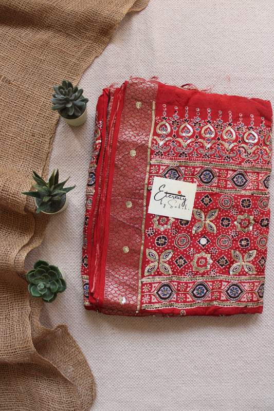 Red Noor Maharani Ajrakh Dola Silk Handwork Saree