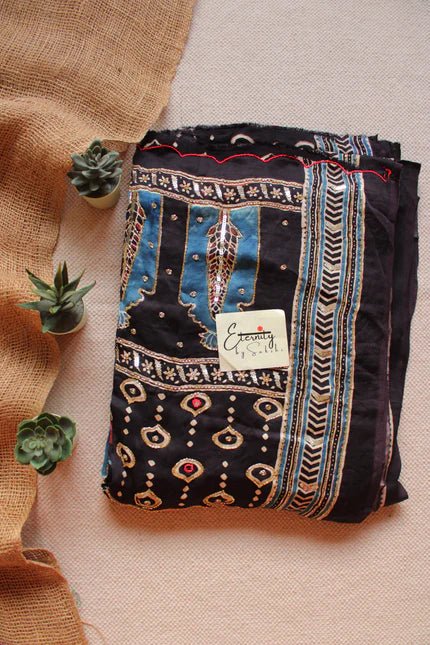 Ruhva Indigo Ajrakh Modal Silk Saree with Artisan Handwork - Eternity by Sakshi