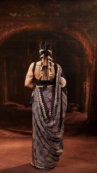 Chaandbaali Ajrakh Modal Silk Saree with Artisan Handwork + Black Noorie Blouse Combo