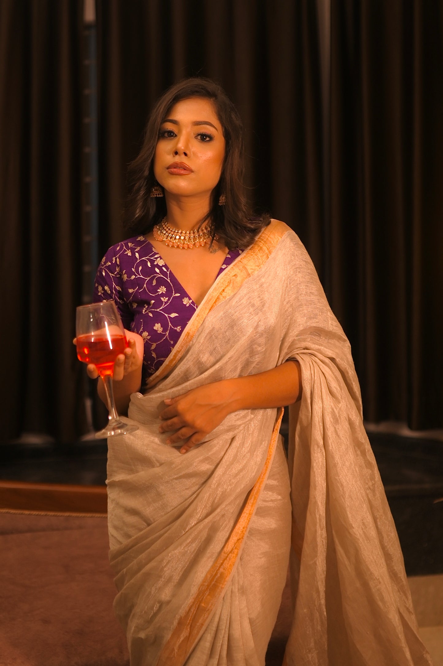 Copper Metallic Linen Saree