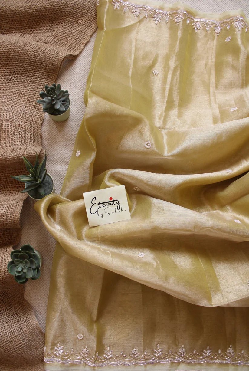 Yellow Handwork Raaz Saree + Beige Metallic Single Zip Mood Blouse Combo - Eternity by Sakshi